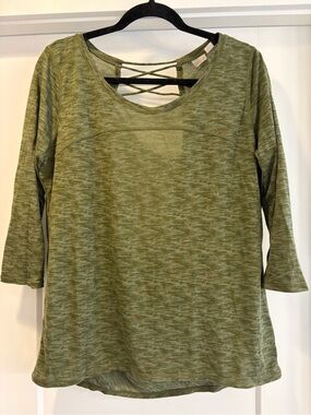 Zella Olive Heather Crisscross Open Back Three Quarter Sleeve Top